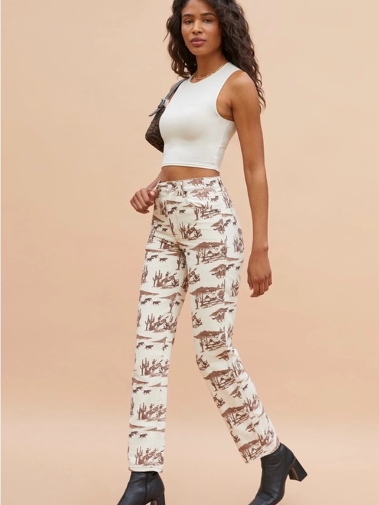 Reformation Denim - Reformation Cream Straight Leg Jeans with Brown Scenic Print